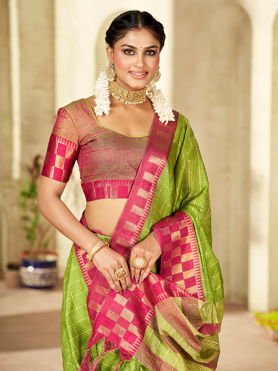 Light Green & Pink Banarasi Silk Zari Checks Woven Saree