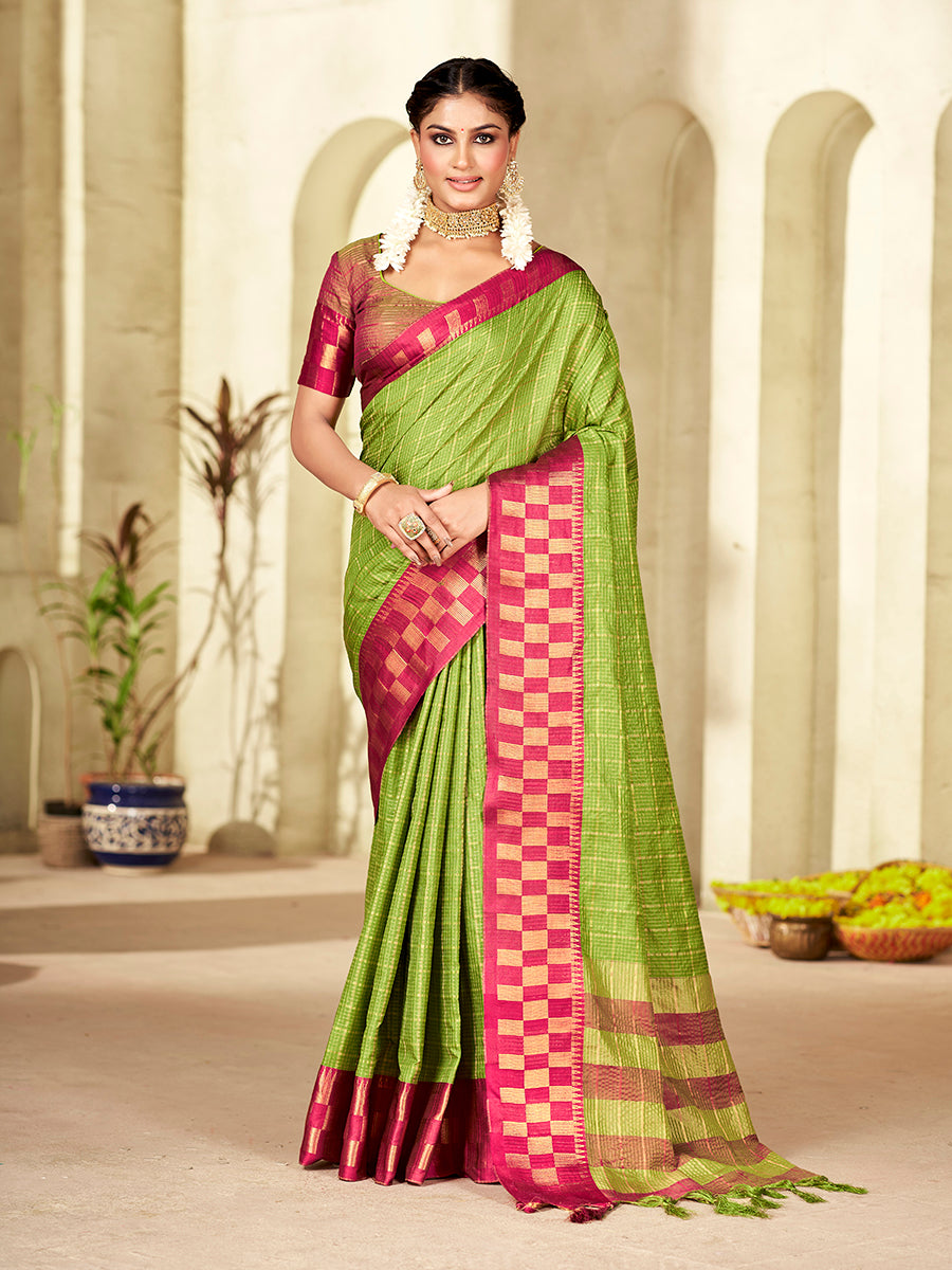 Light Green & Pink Banarasi Silk Zari Checks Woven Saree