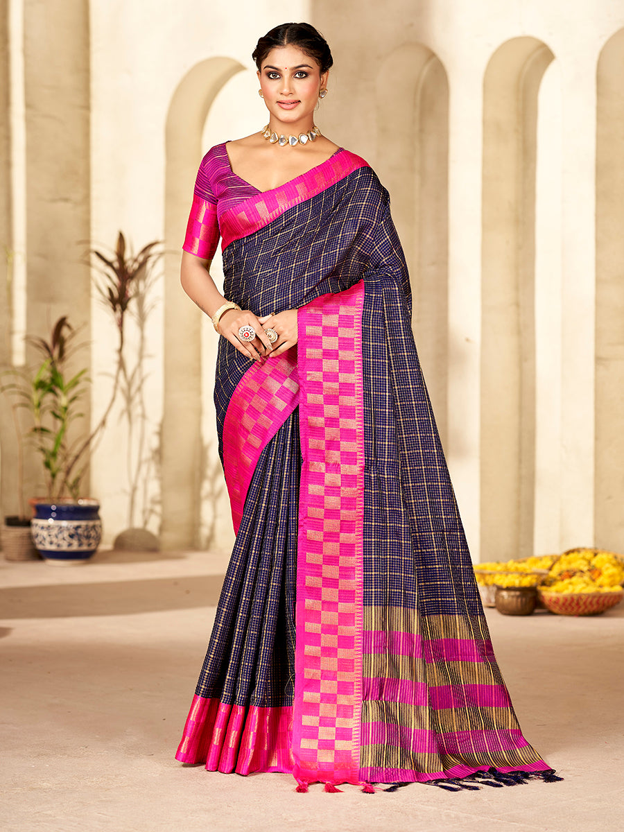 Navy Blue & Pink Banarasi Silk Zari Checks Woven Saree