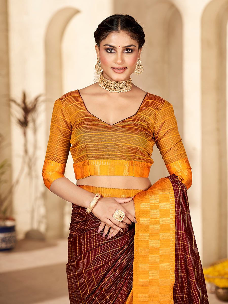 Brown & Yellow Banarasi Silk Zari Checks Woven Saree