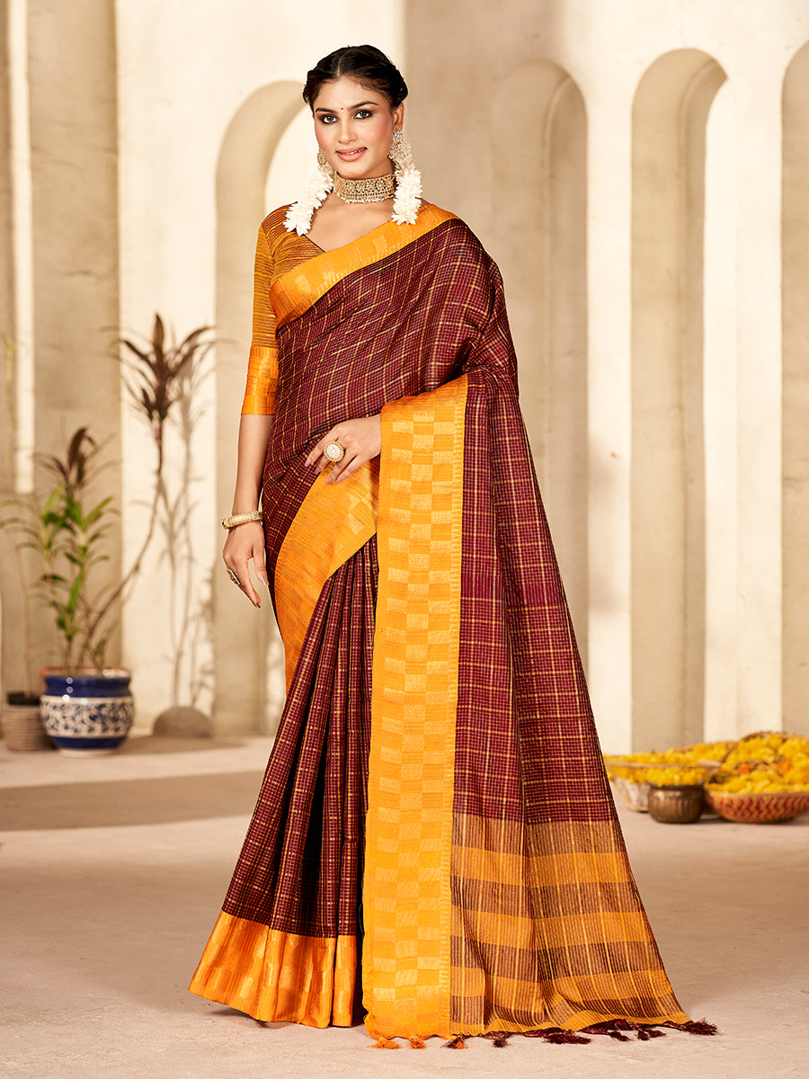 Brown & Yellow Banarasi Silk Zari Checks Woven Saree