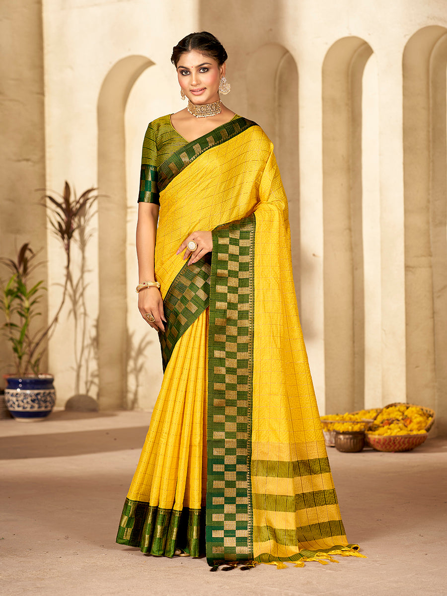 Yellow & Green Banarasi Silk Zari Checks Woven Saree