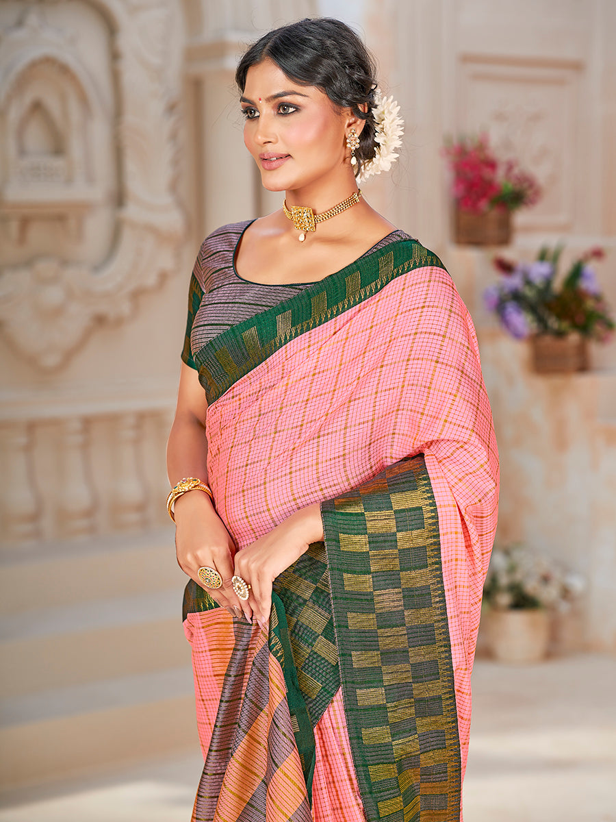 Pink & Green Banarasi Silk Zari Checks Woven Saree