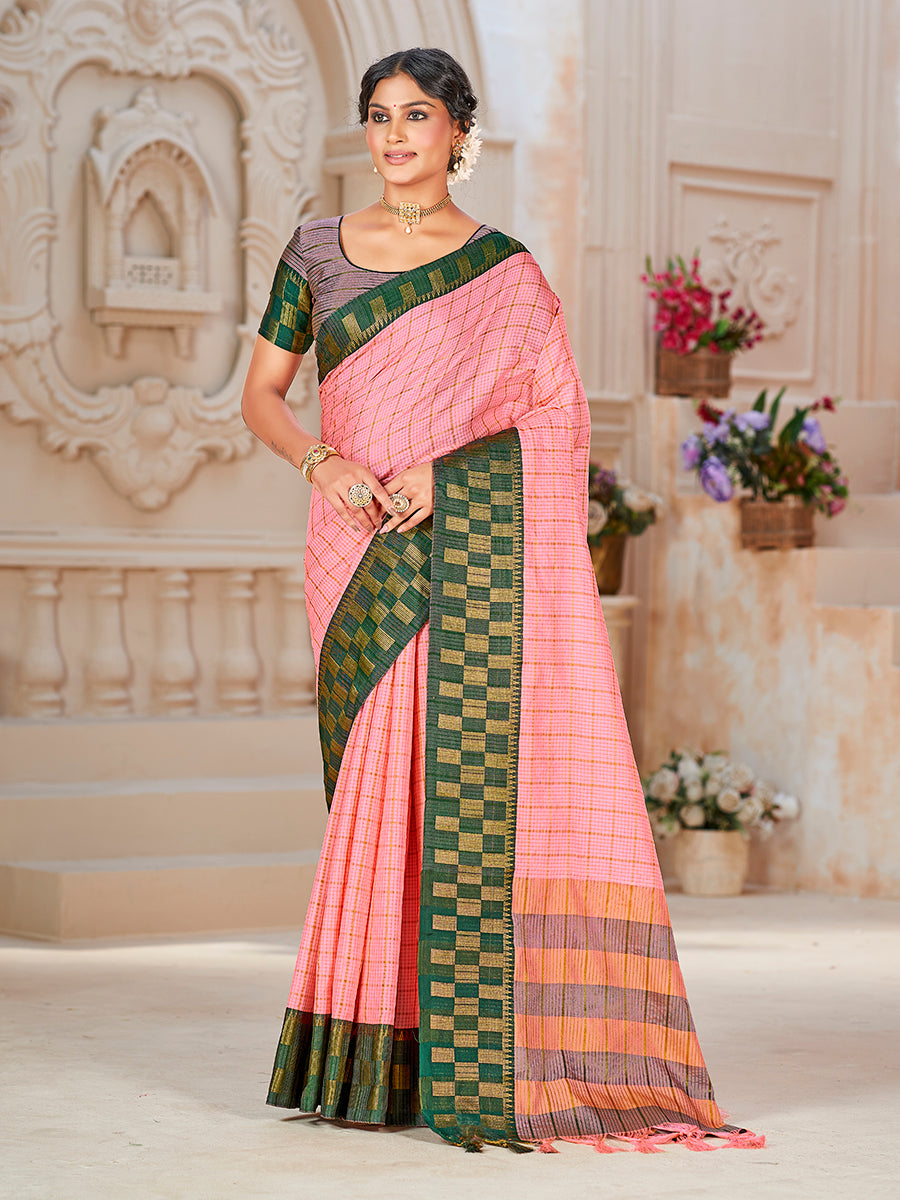 Pink & Green Banarasi Silk Zari Checks Woven Saree