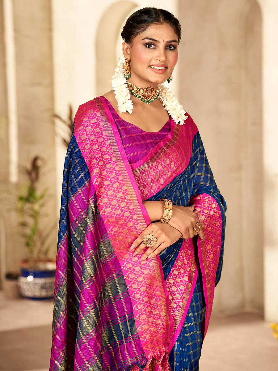 Blue & Pink Banarasi Silk Zari Checks Woven Saree