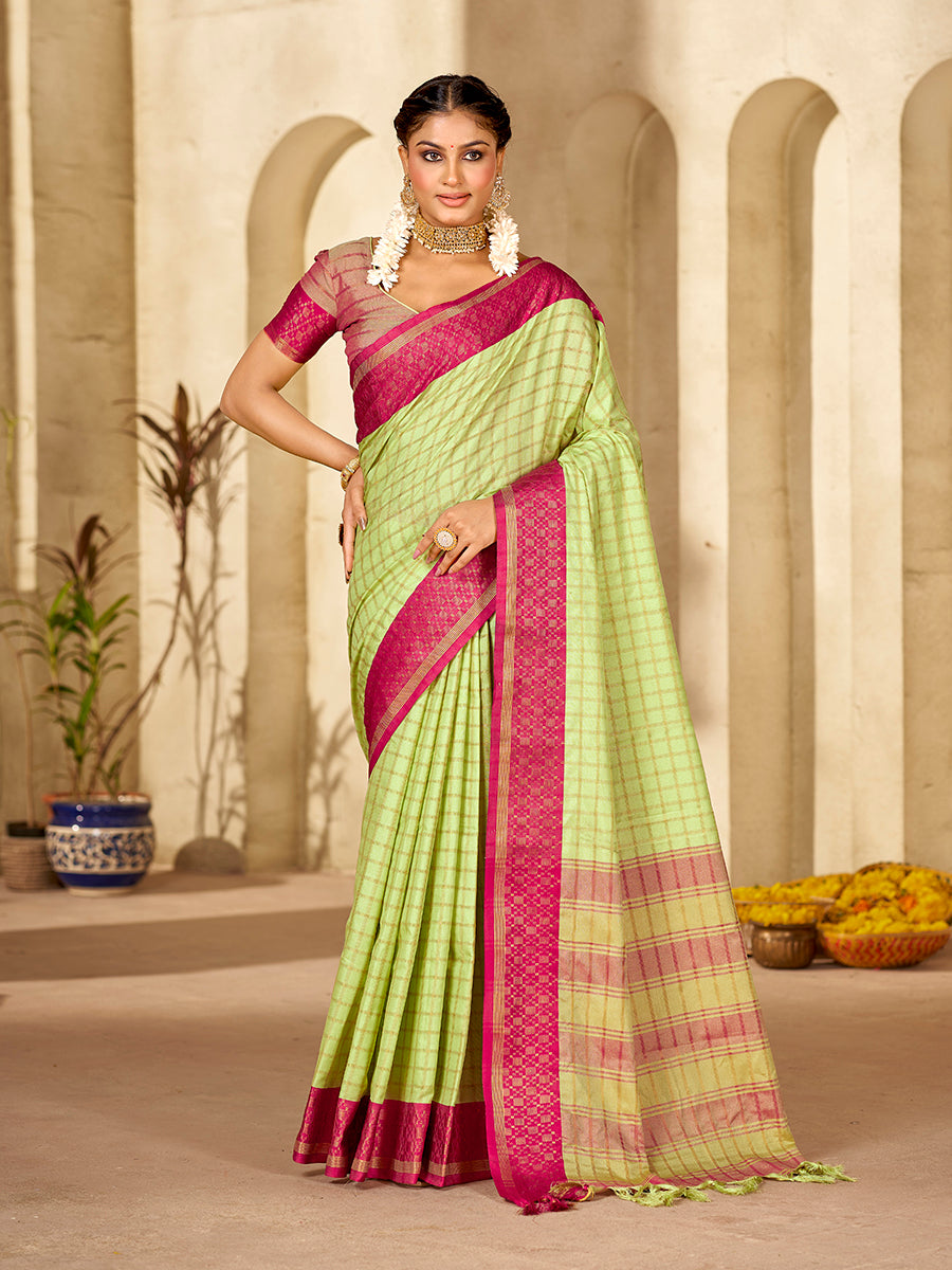 Light Green & Pink Banarasi Zari Checks Woven Silk Saree