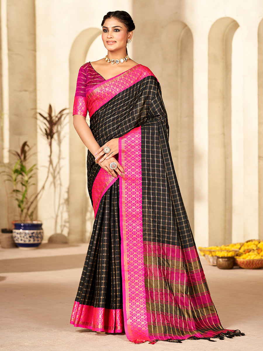 Black & Pink Banarasi Silk Zari Checks Woven Saree