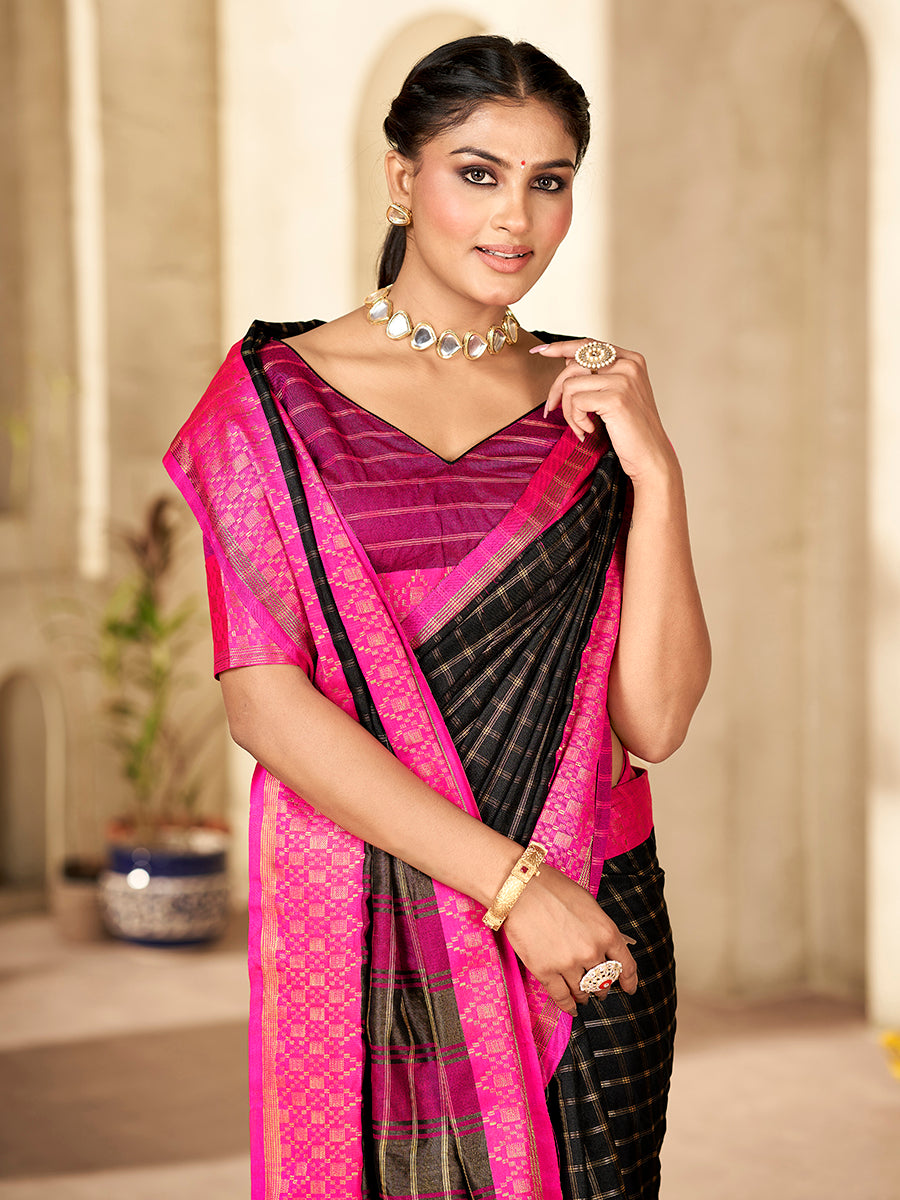 Black & Pink Banarasi Silk Zari Checks Woven Saree