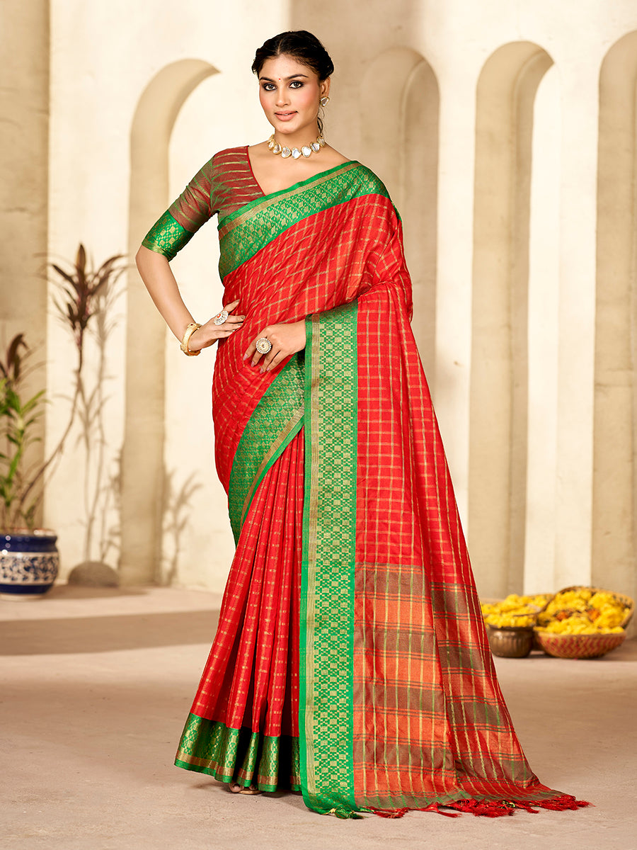 Red & Green Banarasi Silk Zari Checks Woven Saree