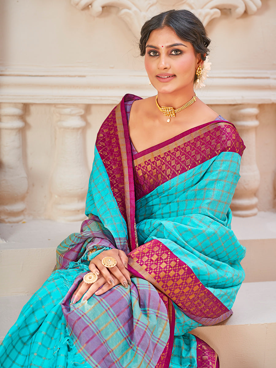 Skyblue & Purple Banarasi Silk Zari Checks Woven Saree