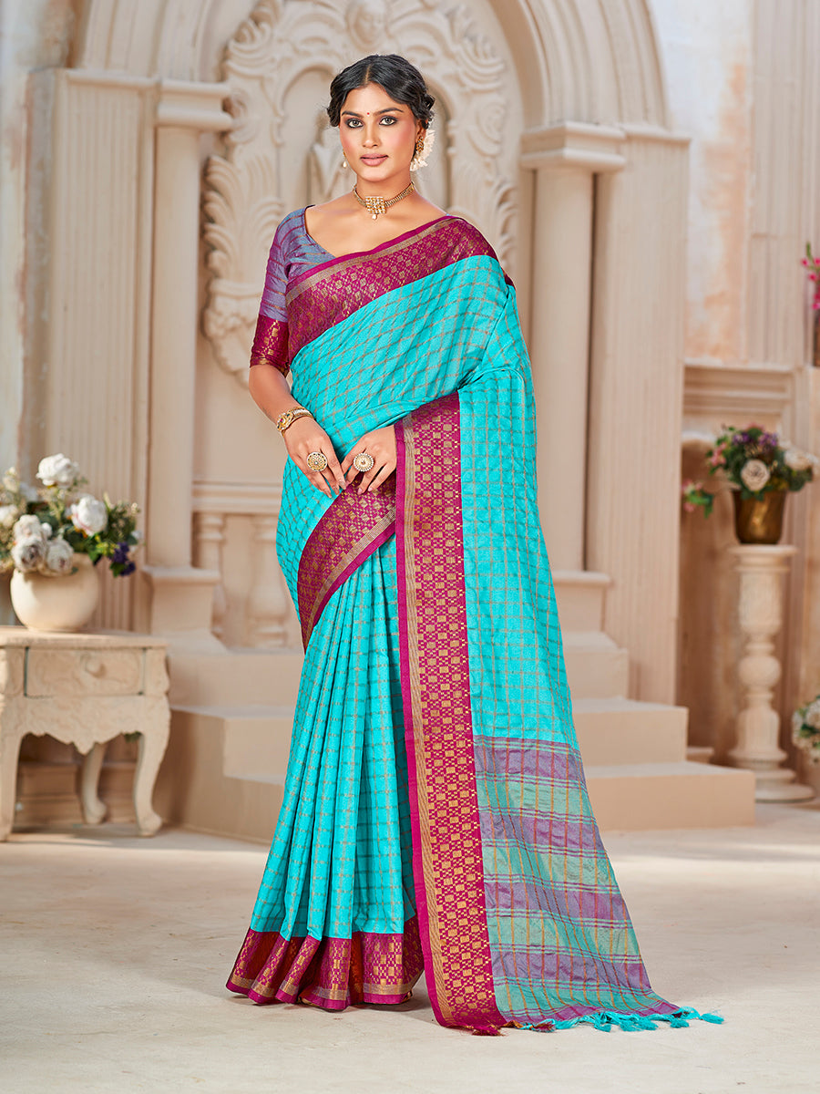 Skyblue & Purple Banarasi Silk Zari Checks Woven Saree