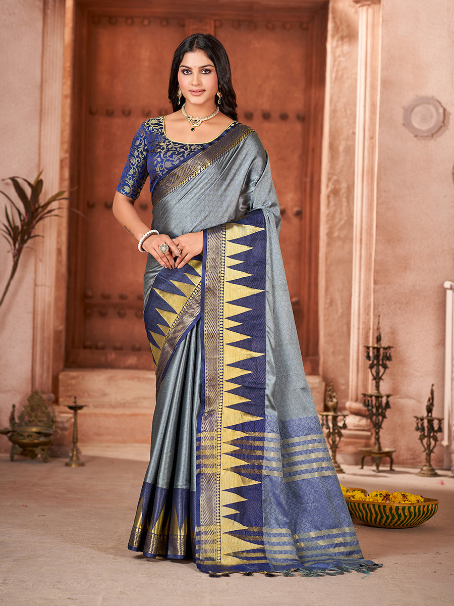 Grey & Blue Zari Woven Banarasi Silk Saree With Rich Pallu