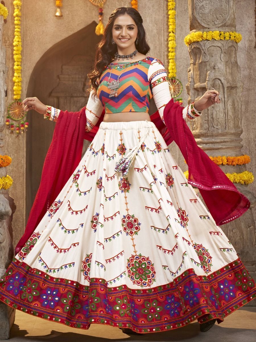 Pear White Navratri Special Mirror Worked Rayon Lehenga Choli