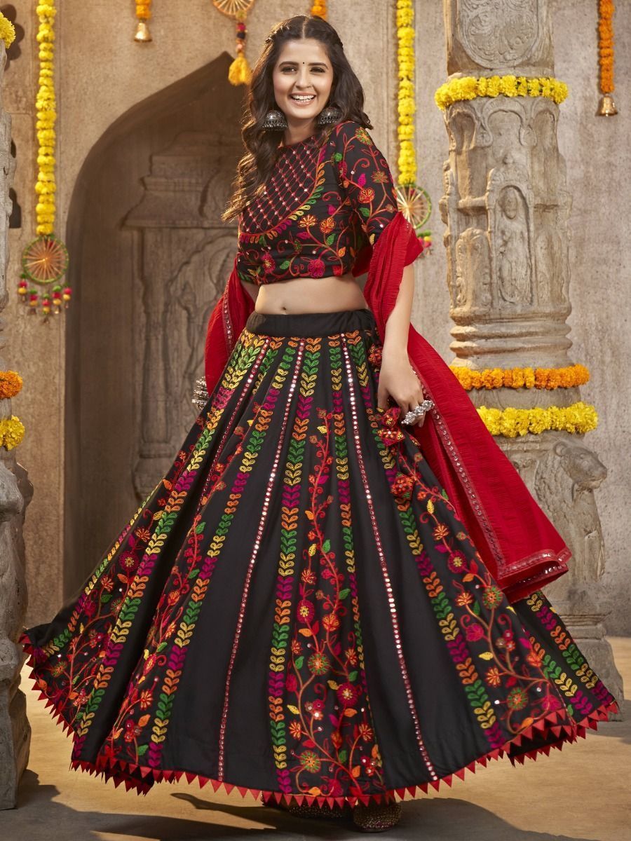 Kohl Black Navratri Special Mirror Worked Rayon Lehenga Choli
