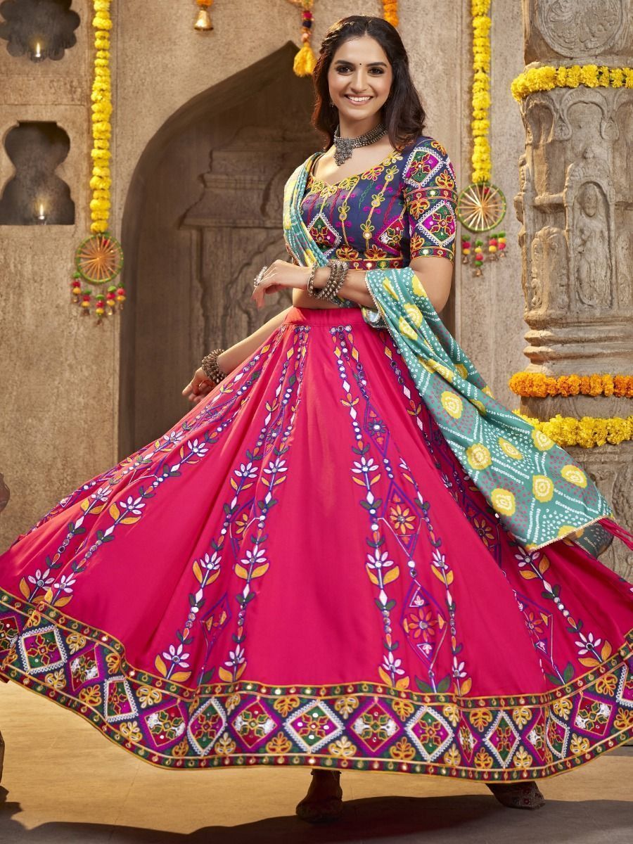 Rani Pink Navratri Special Mirror Worked Rayon Lehenga Choli
