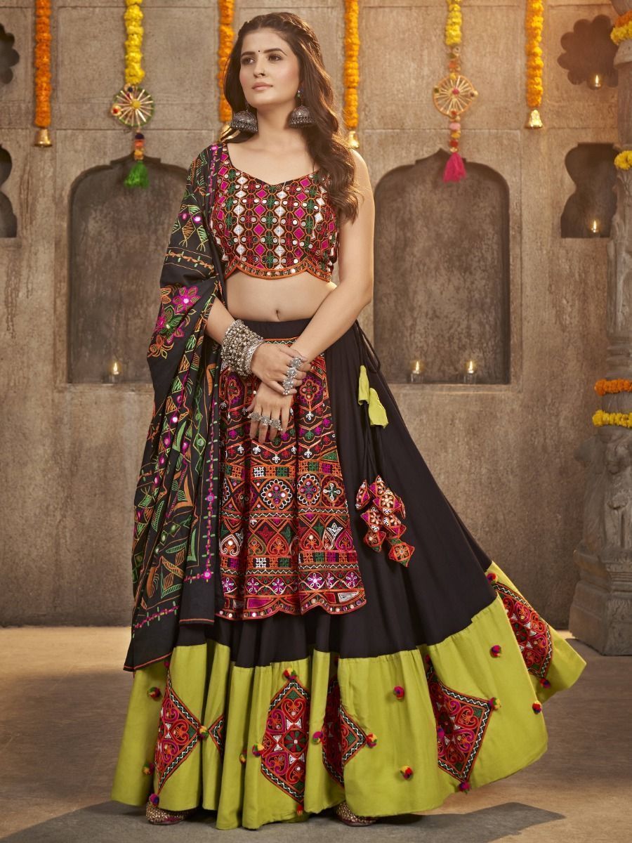 Deep Black Navratri Special Mirror Worked Rayon Lehenga Choli