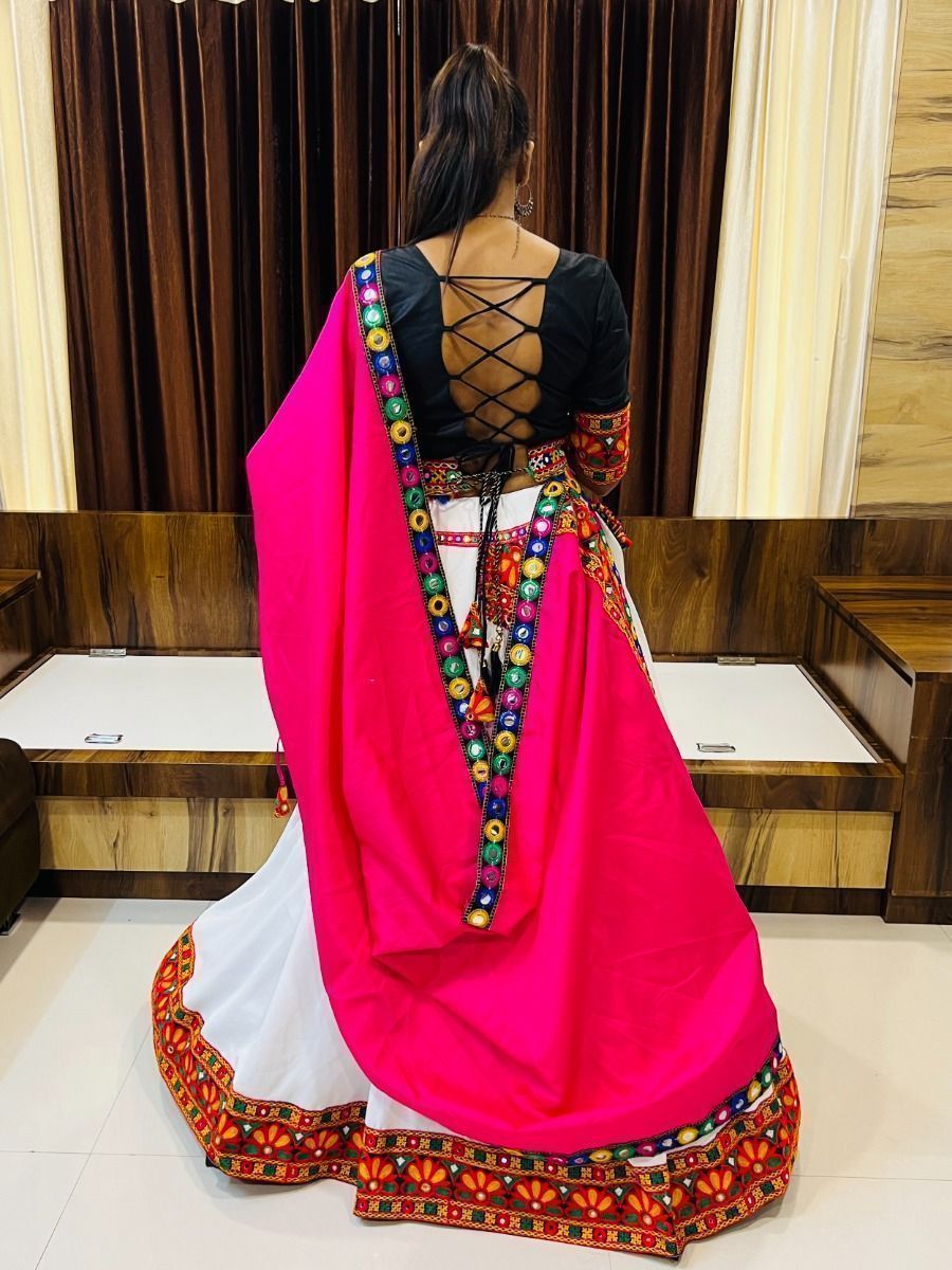 White & Pink Embroidered Cotton Navratri Wear Lehenga Choli