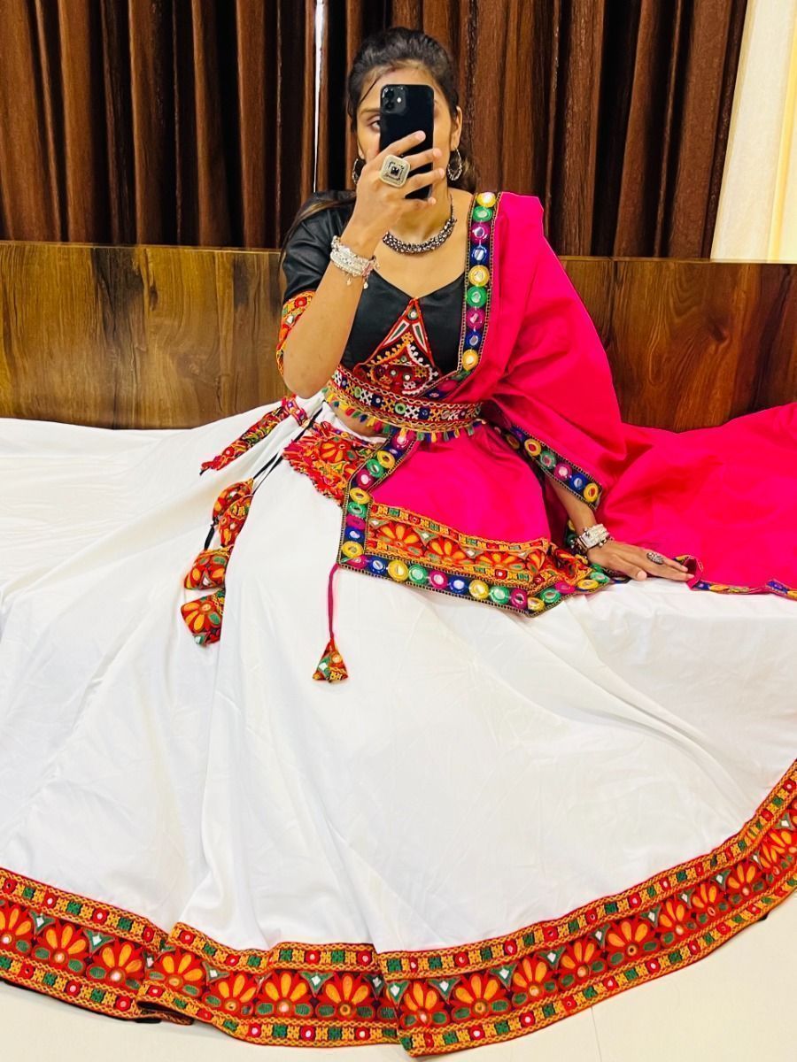 White & Pink Embroidered Cotton Navratri Wear Lehenga Choli