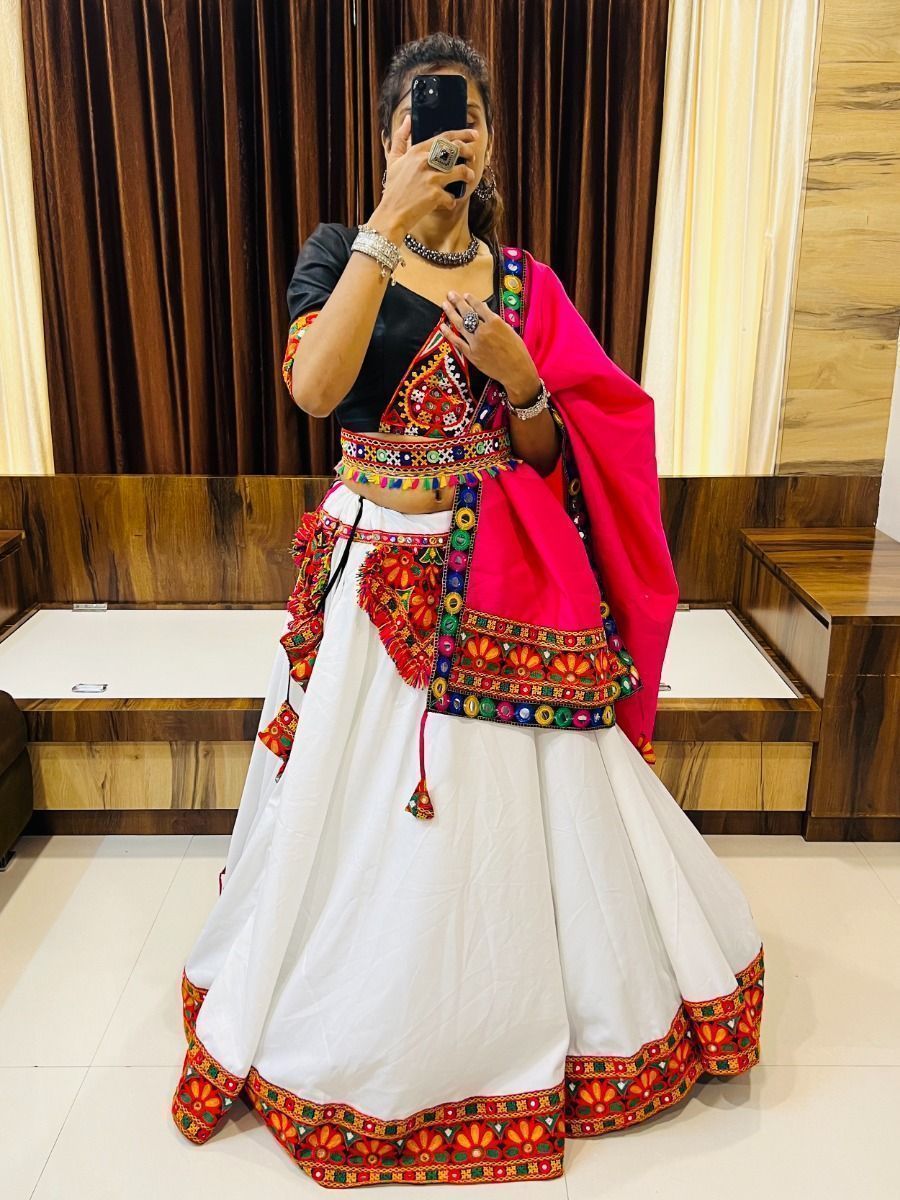 White & Pink Embroidered Cotton Navratri Wear Lehenga Choli