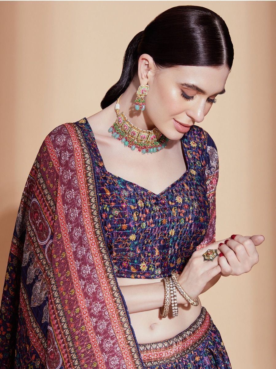 Navratri Wear Purple Silk Digital Printed Lehenga Choli