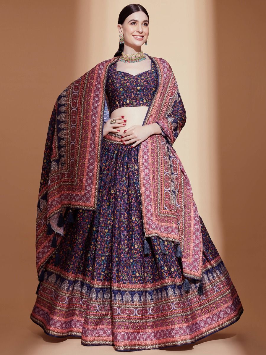 Navratri Wear Purple Silk Digital Printed Lehenga Choli