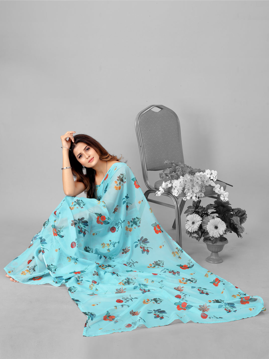 Blue and Orange Organza Floral Printed Fairly Saree