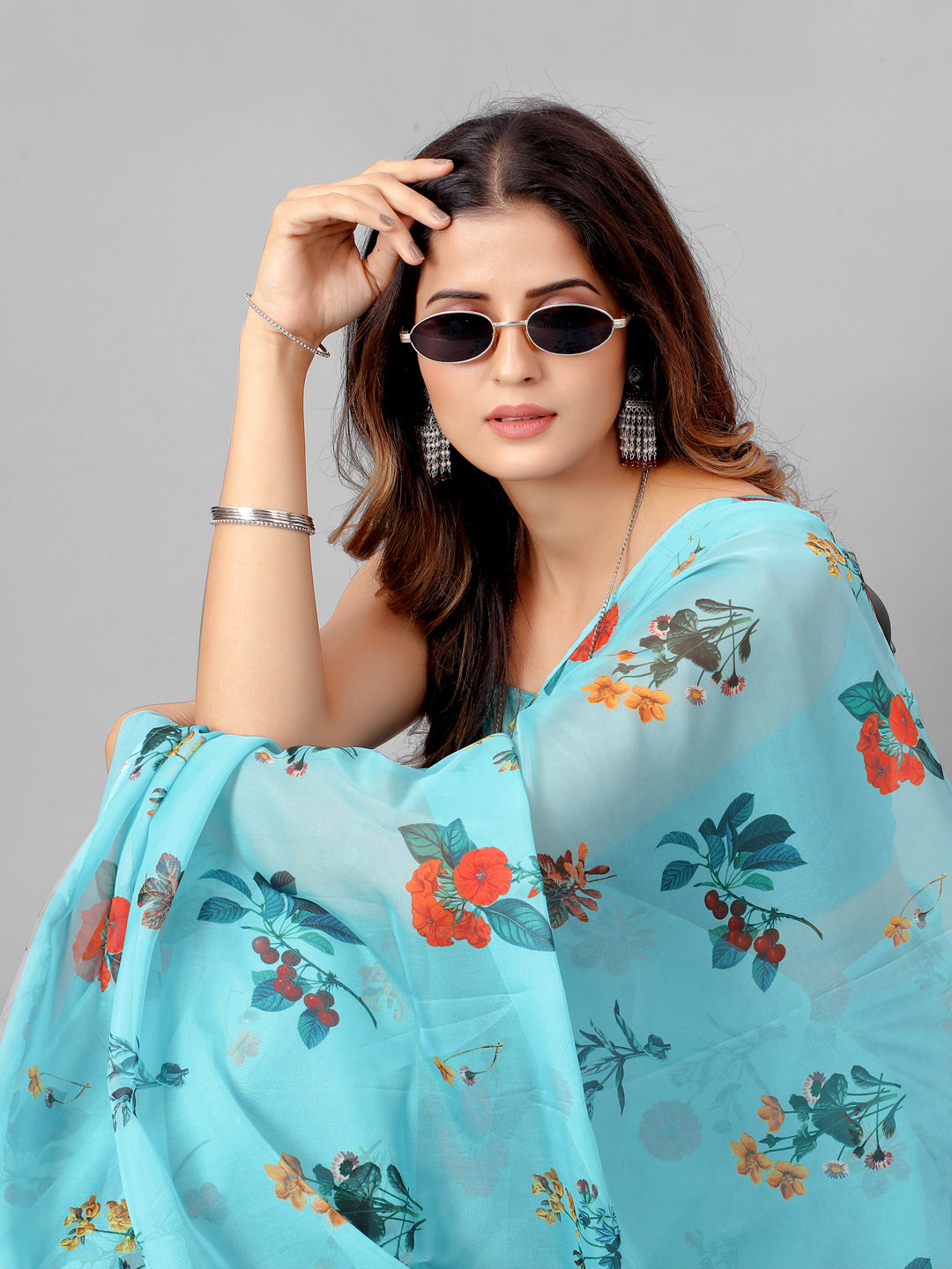 Blue and Orange Organza Floral Printed Fairly Saree