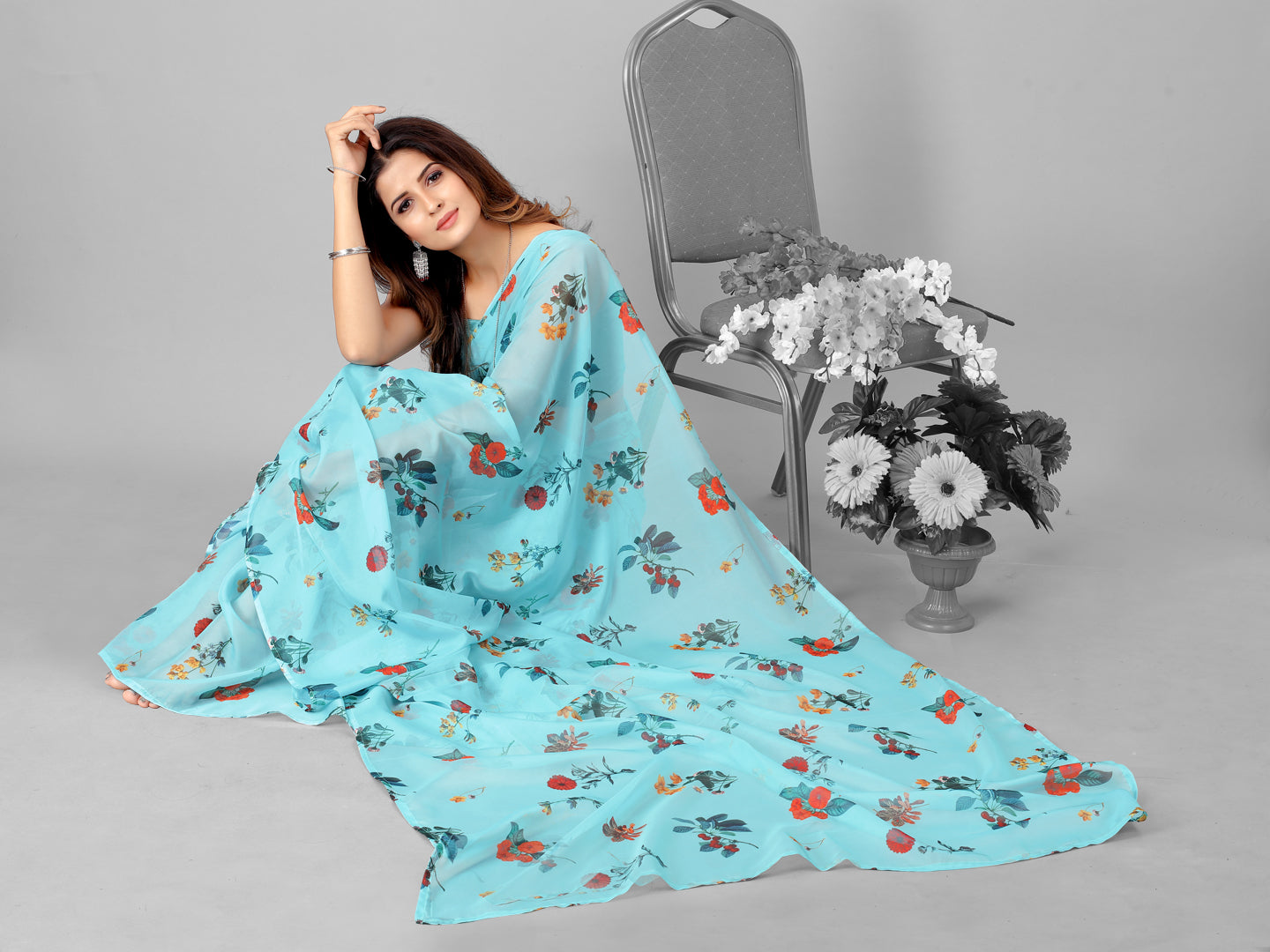 Blue and Orange Organza Floral Printed Fairly Saree