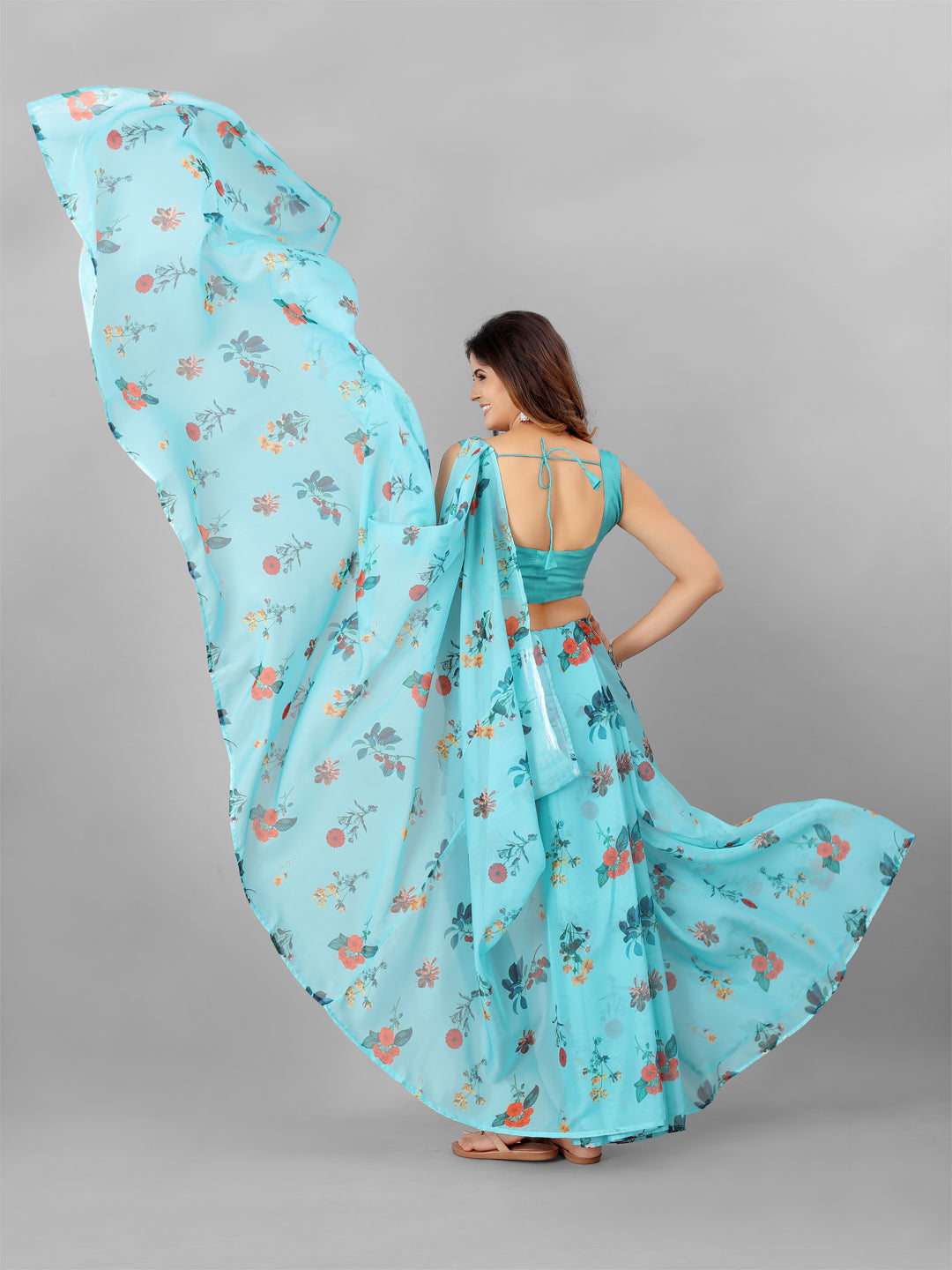 Blue and Orange Organza Floral Printed Fairly Saree
