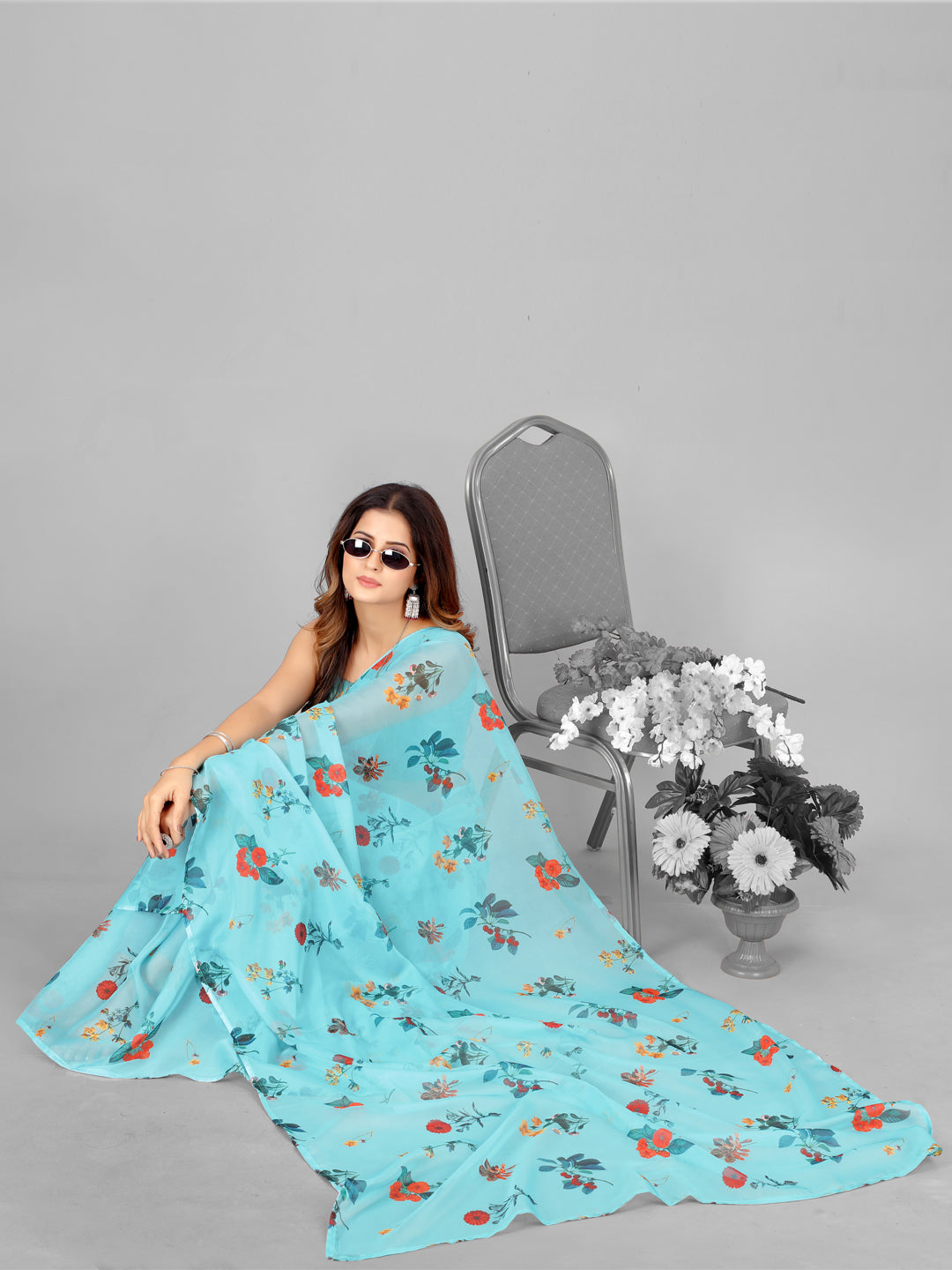 Blue and Orange Organza Floral Printed Fairly Saree