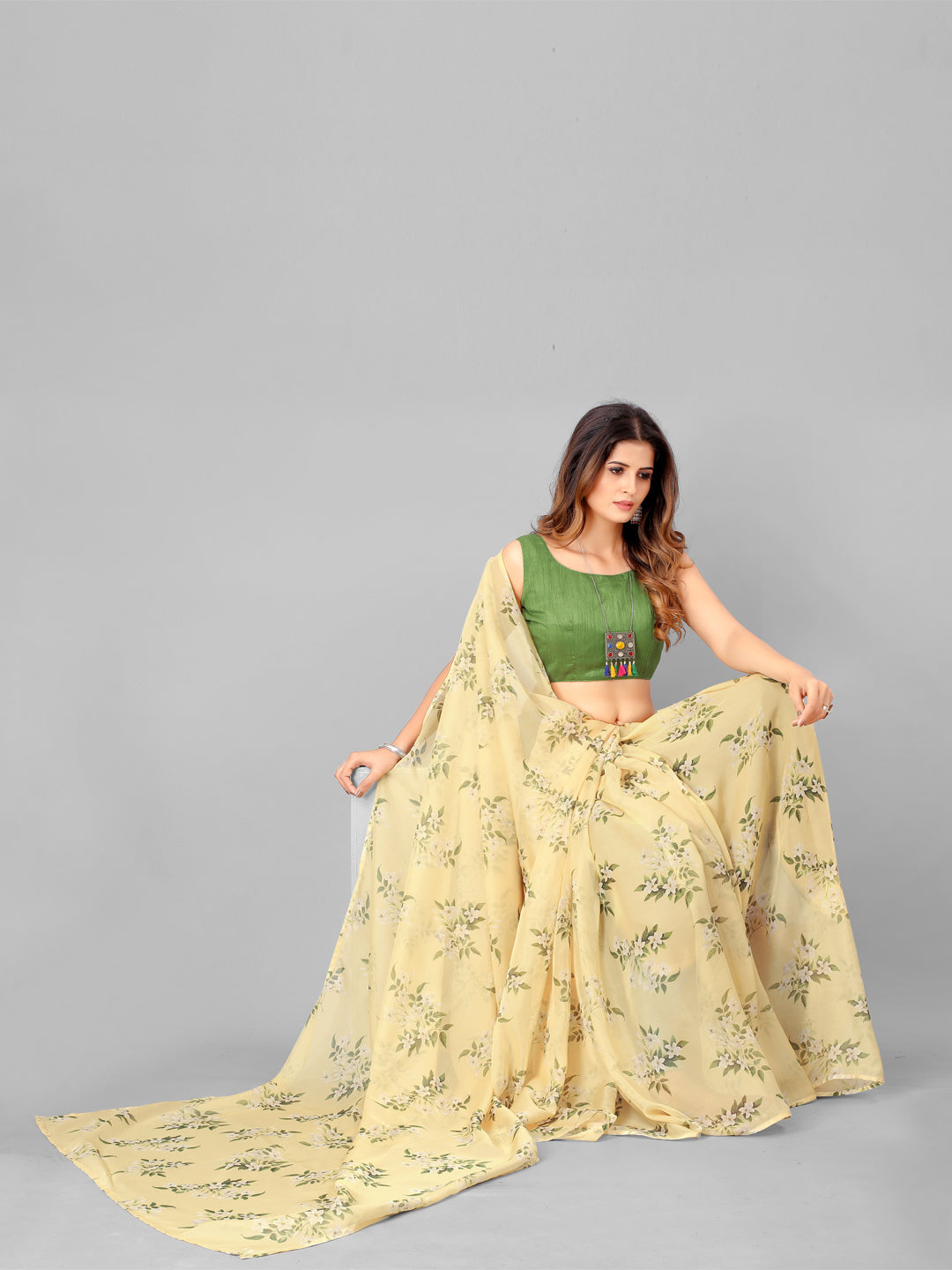 Cream and Green Organza Floral Printed Fancy Saree