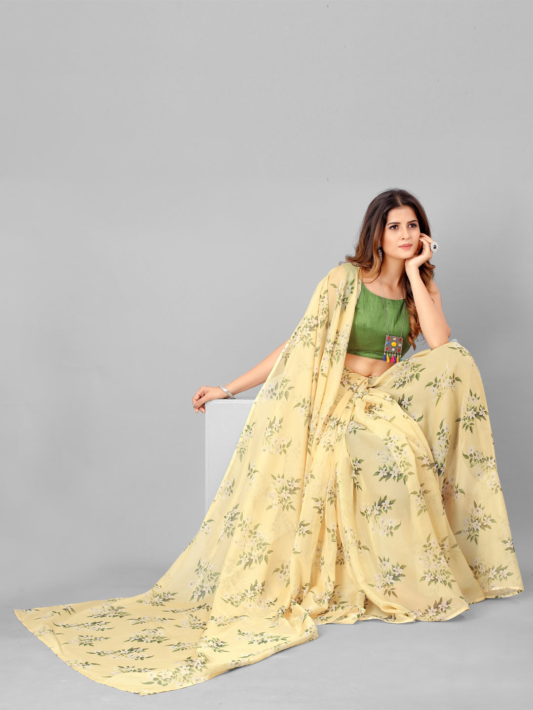 Cream and Green Organza Floral Printed Fancy Saree