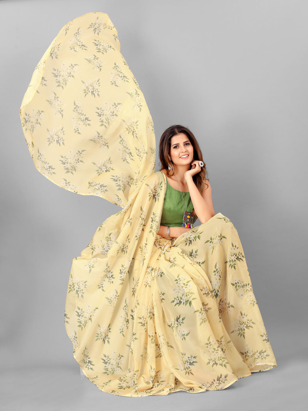 Cream and Green Organza Floral Printed Fancy Saree