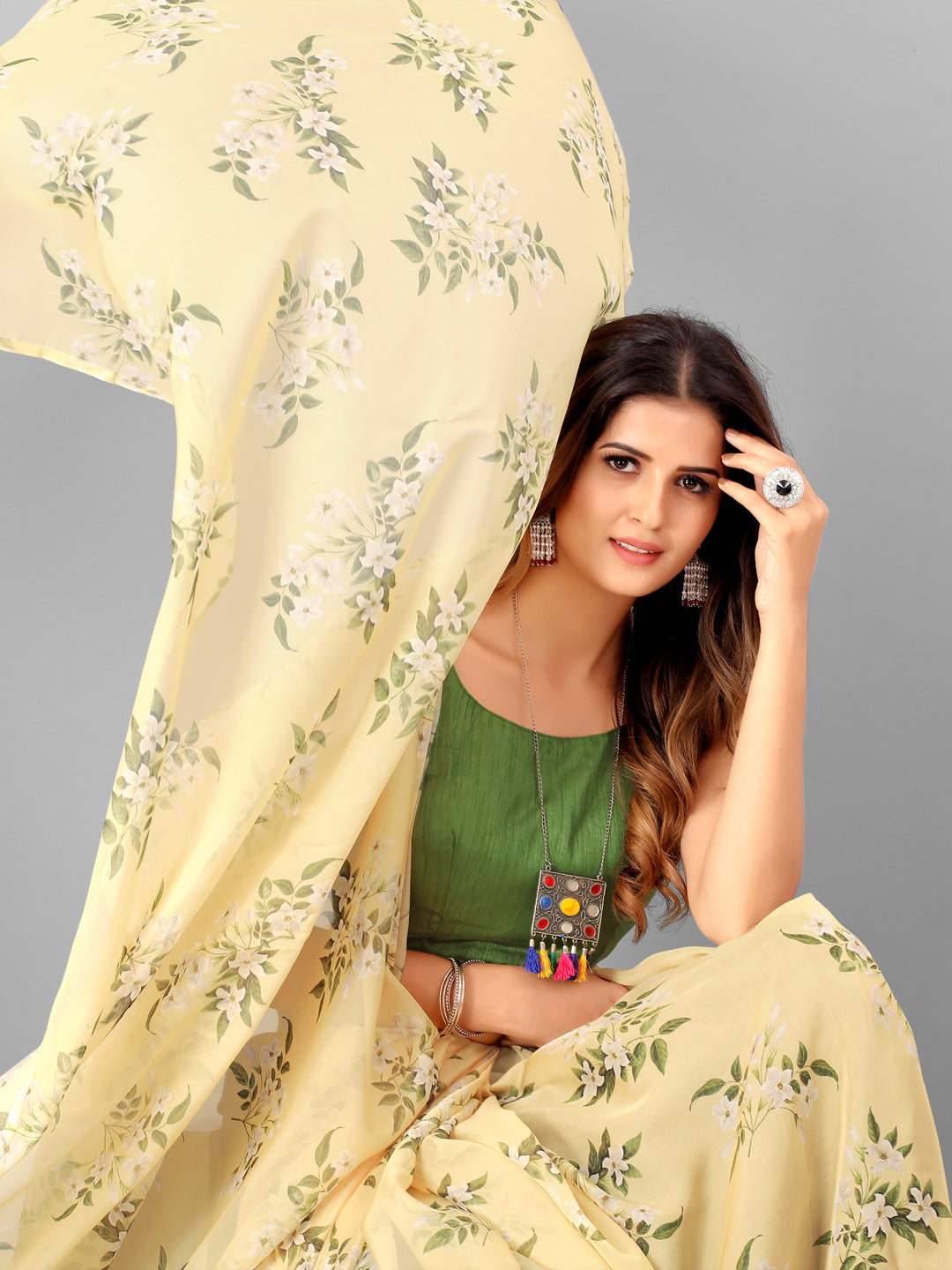 Cream and Green Organza Floral Printed Fancy Saree