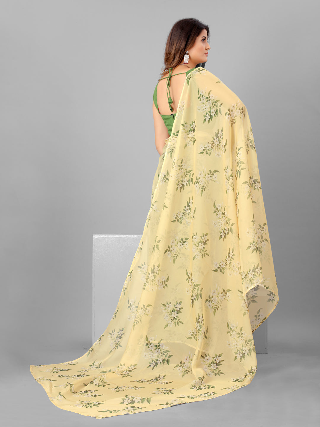 Cream and Green Organza Floral Printed Fancy Saree