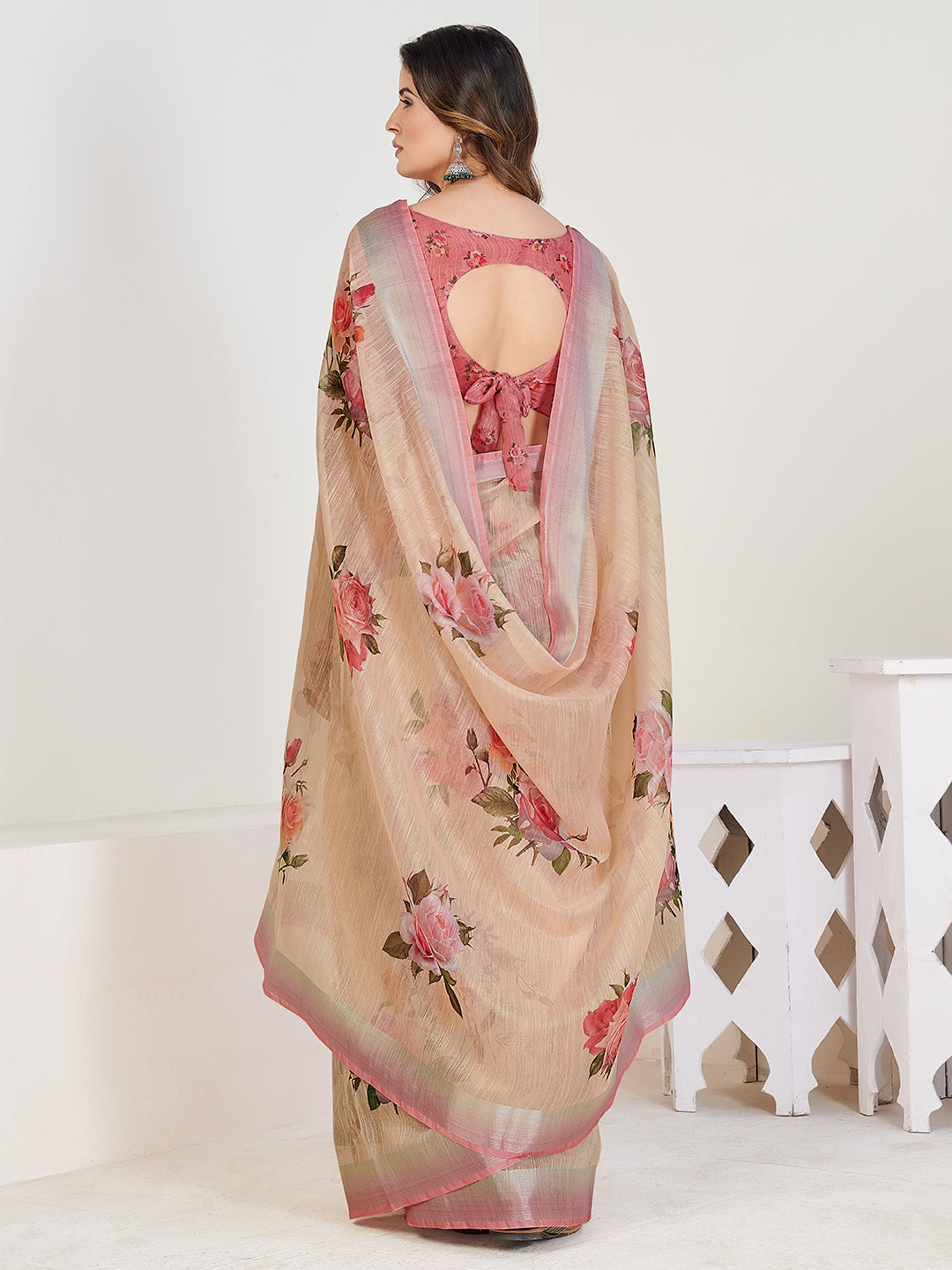 Attrative Beige and Peach Linen Blend Floral Casual Wear Saree