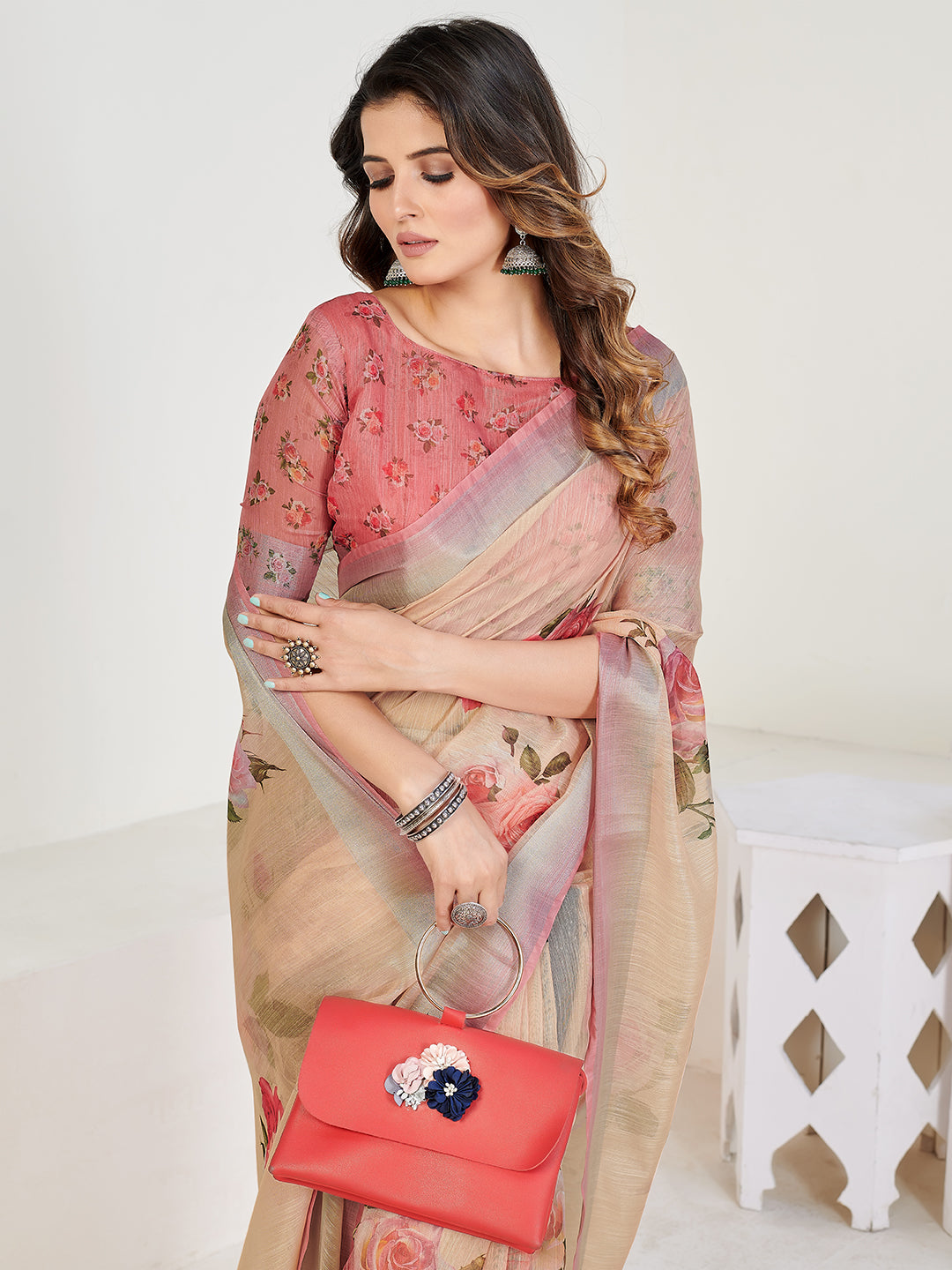 Attrative Beige and Peach Linen Blend Floral Casual Wear Saree