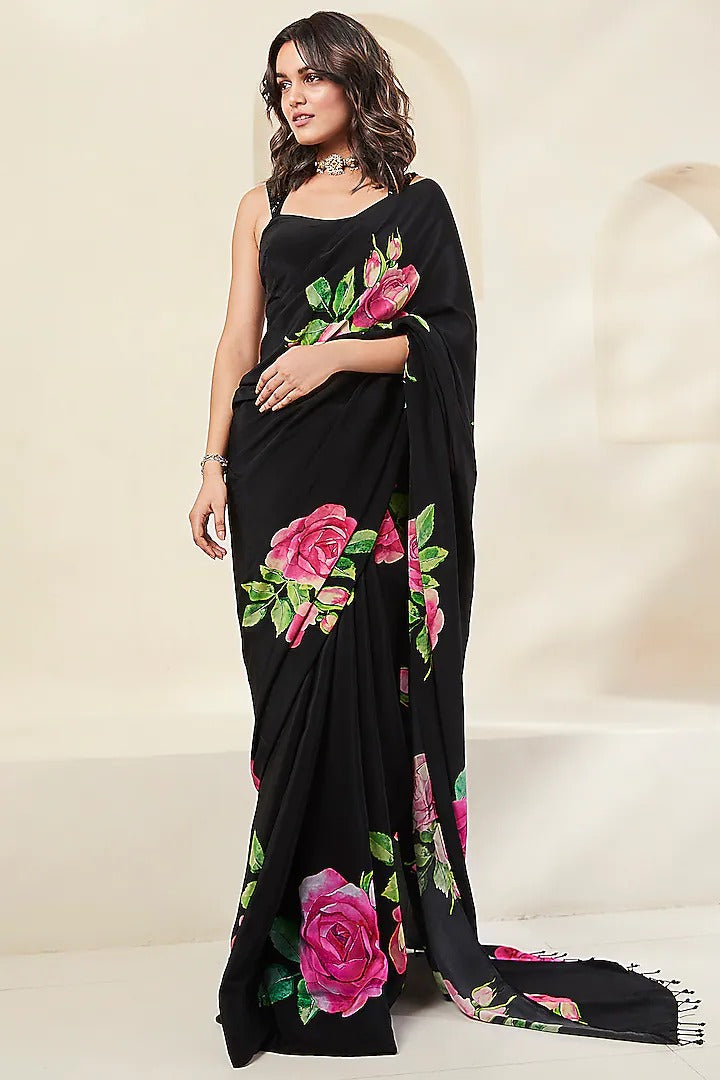Black Floral Print Saree