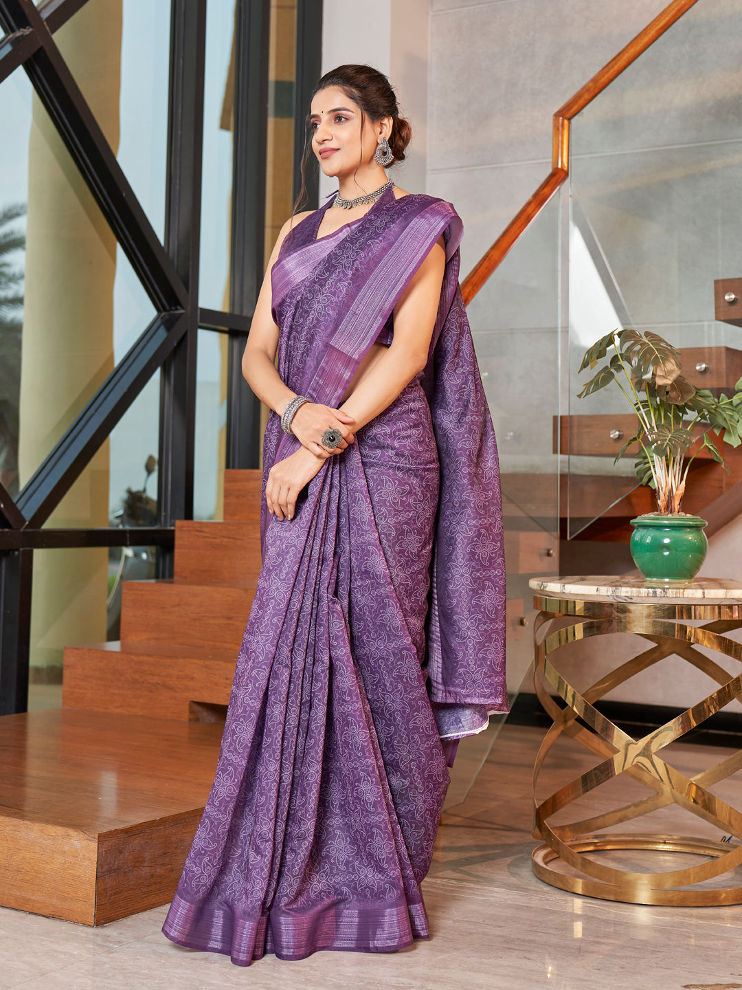 Lavender Blue Printed Zari Cotton Silk Saree