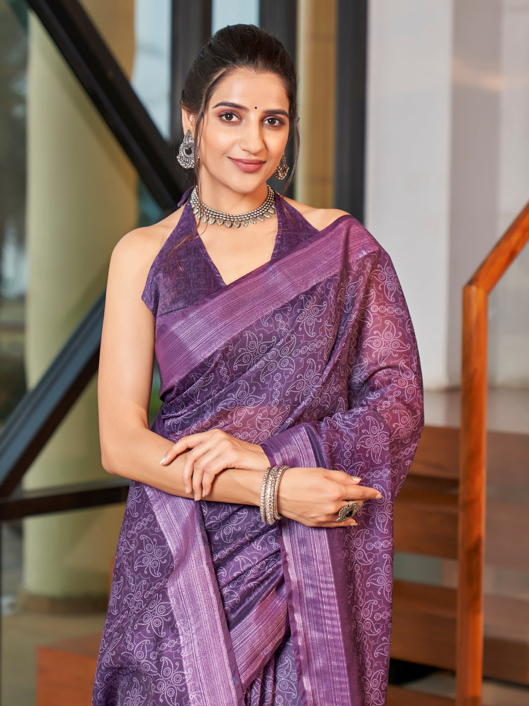 Lavender Blue Printed Zari Cotton Silk Saree