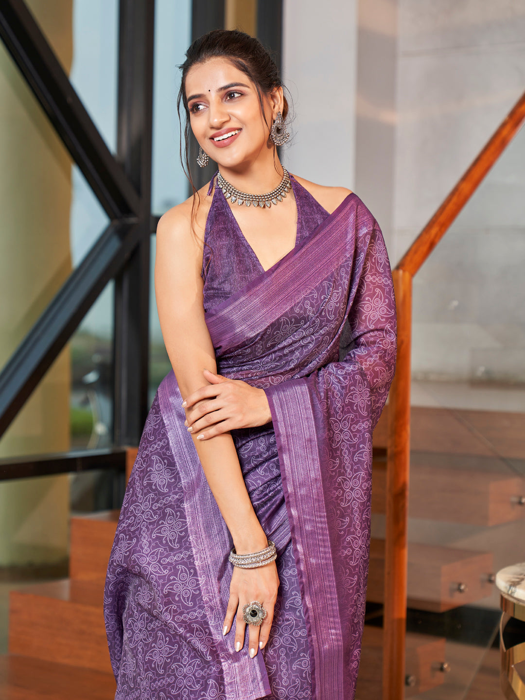Lavender Blue Printed Zari Cotton Silk Saree