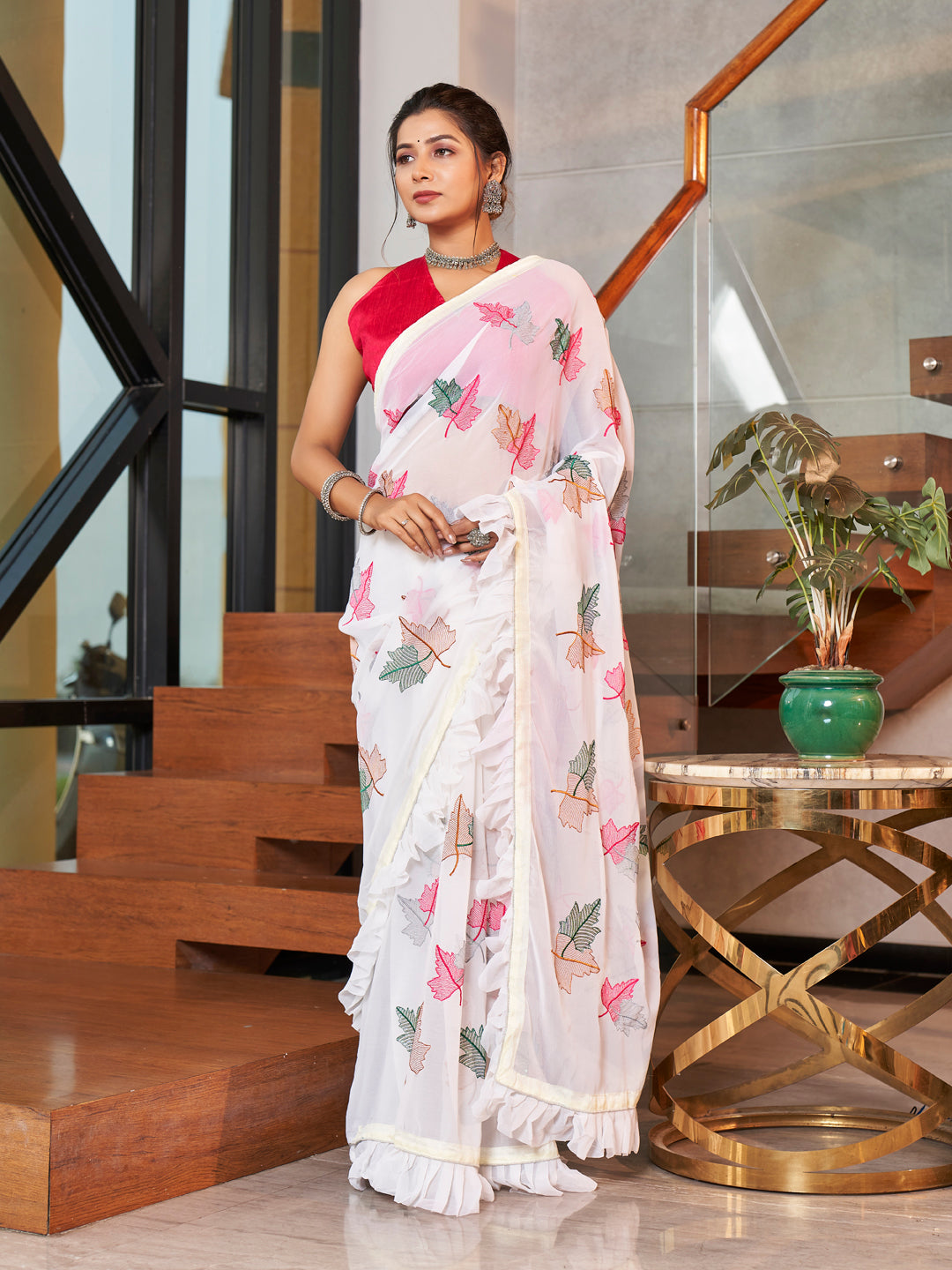 White & Red Embroidered Georgette Saree