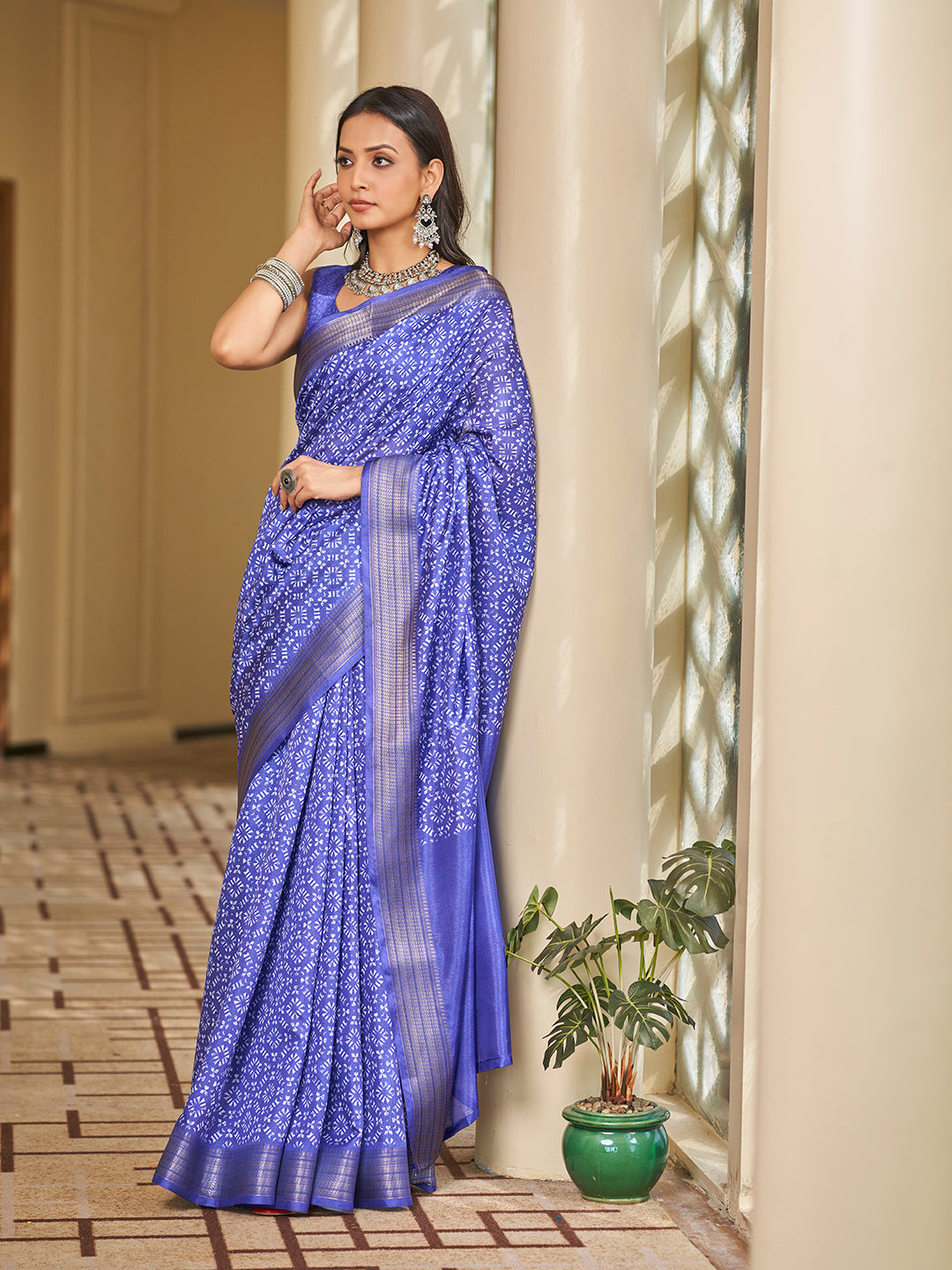 Blue Printed Zari Cotton Silk Saree