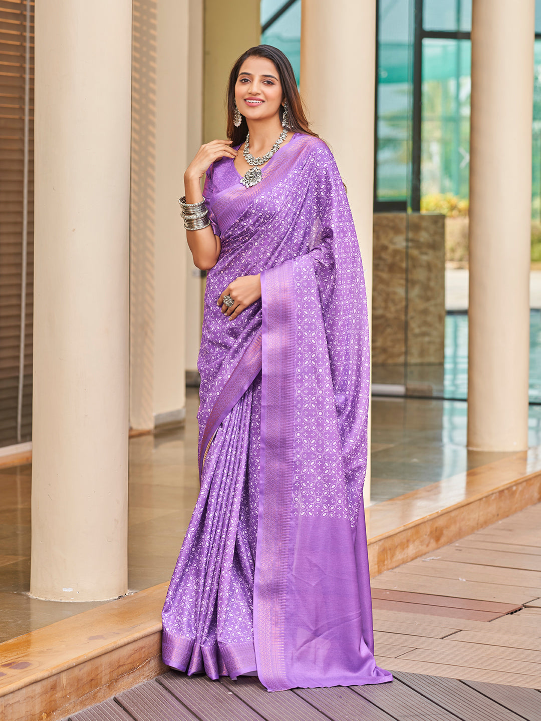 Purple Printed Zari Cotton Silk Saree