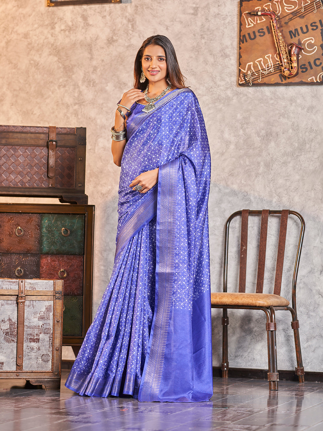 Fancy Blue Printed Zari Cotton Silk Saree