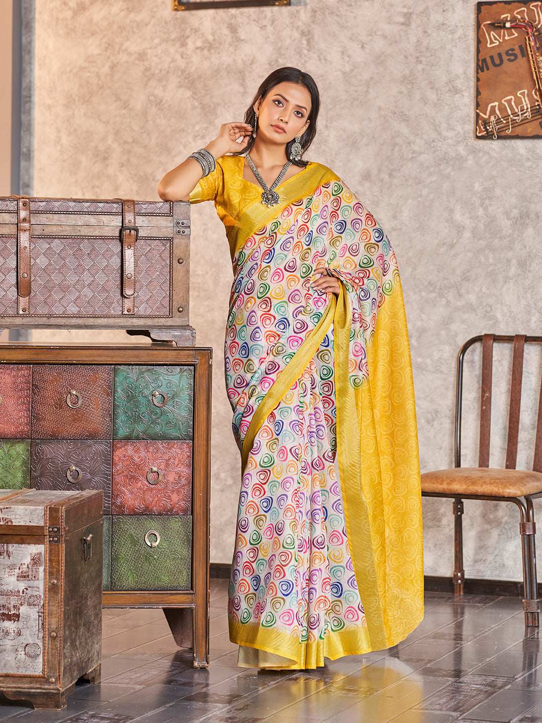Yellow & Multi Printed Zari Cotton Silk Saree