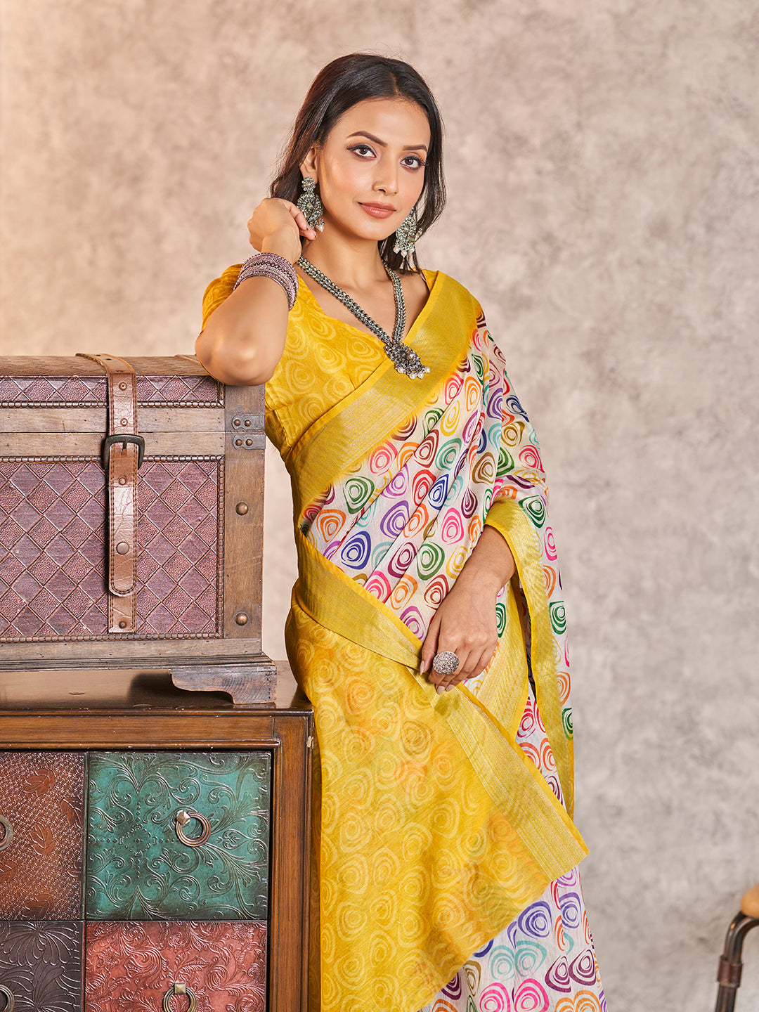 Yellow & Multi Printed Zari Cotton Silk Saree
