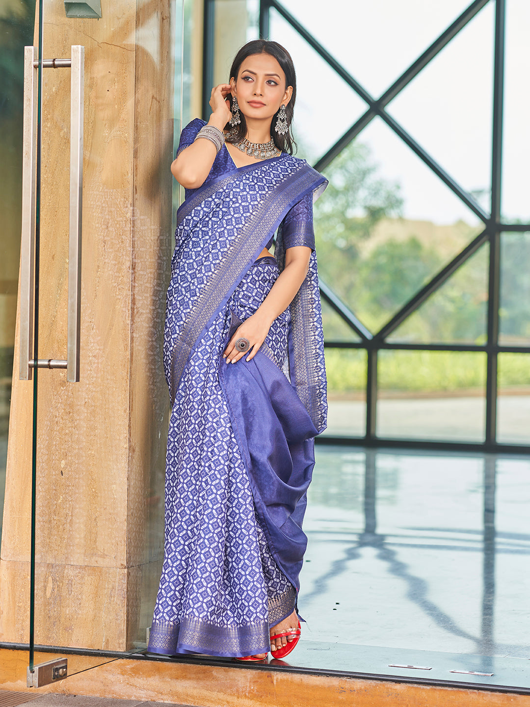 Designer Blue Printed Zari Cotton Silk Saree