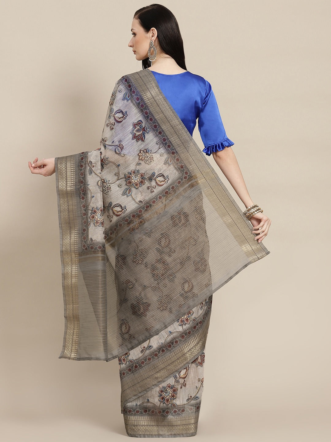 Grey & Blue Floral Print Cotton Blend Saree
