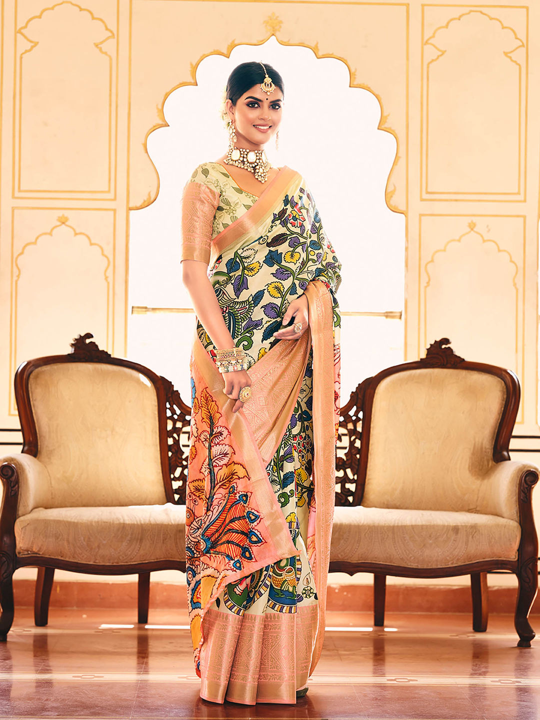 Bright Cream & Pink Woven Silk Designer Saree